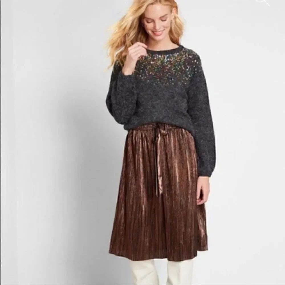 Modcloth Metallic Skirt Glitz The Metallic Midi Skirt Tie Elastic Bronze S NWT - Picture 4 of 13